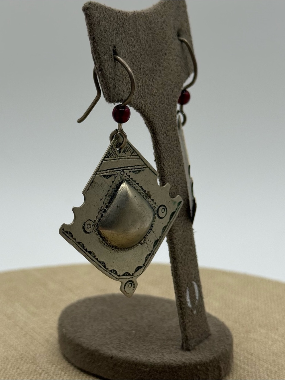 silver Style Geometric Drop Earrings in Silver with Red Accent - Picture 3 of 5